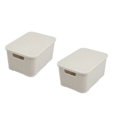 Imagen de BranQ Home essential Tapa Cesta en diseño de ratán, juego 2 unidades, tamaño M, 10 L, plástico PP, crema, L