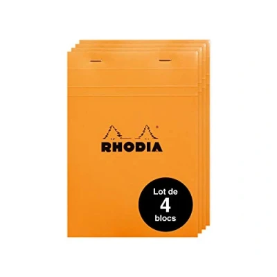 Imagen de RHODIA 16200Amzc Lote de 4 bloc notas con grapado (Nº 16, A5), diseño cuadros, 80 hojas desmontables, color blanco g/m², tapa tarjeta revestida flexible y resistente