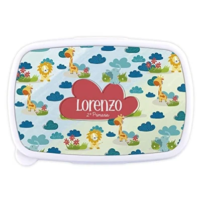 Imagen de LolaPix Porta Sandwich. Fiambrera Infantil Personalizada. Caja merienda con Nombre y Curso. Apta para microondas Libre de BPA, filatos Metales Pesados. Varios diseños.Animales Selva