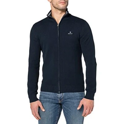 Imagen de GANT Cárdigan de algodón Pique con Cremallera Suéter, Azul Noche, XXXL para Hombre