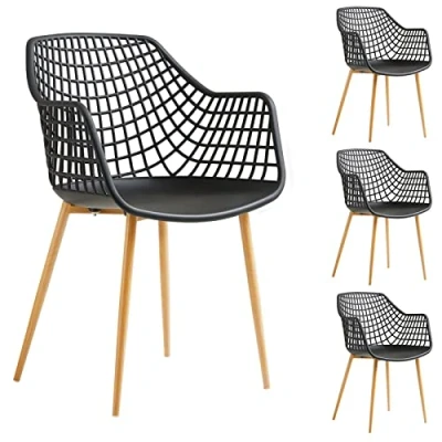 Imagen de IDIMEX Juego de 4 sillas Lucia para comedor o cocina diseño retro con reposabrazos, carcasa plástico negro y patas metal decoración roble Sonoma