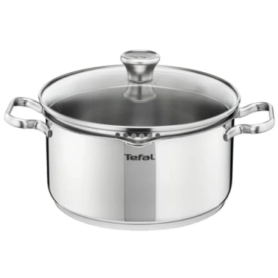 Imagen de Tefal Duetto Cacerola 20 cm de acero inoxidable, tapa coladora inteligente cristal, bordes vertedores, cazo inducción, construcción robusta, mango ergonómico remachado, todas las cocinas
