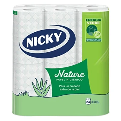 Imagen de Nicky Nature Papel Higiénico Paquete de 24 Rollos, 170 Hojas 3 Capas, Enriquecido con Loción Aloe Vera, Cómodo y Suave la Piel