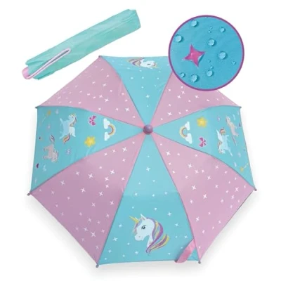 Imagen de HECKBO Paraguas con unicornios mágicos Cambia de color si llueve Plegable: cabe en cualquier mochila Bandas reflectantes Mango madera y tapones protectores Funda para almacenamiento