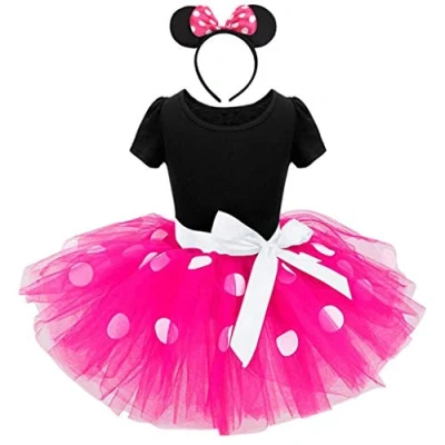 Imagen de Lito Angels Disfraz de Minnie con orejas ratón y lazo para el pelo niñas, fiesta cumpleaños Halloween, falda tutú lunares, edad 6 7 años, rosa intenso