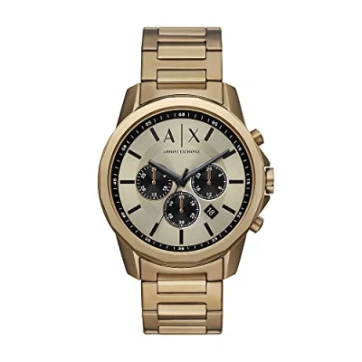 Imagen de Armani Exchange Reloj para Hombre, Movimiento cronógrafo, 44 mm Caja de acero inoxidable marrón con correa inoxidable, AX1739, Tono dorado y crema