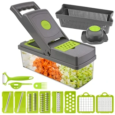 Imagen de KEWUZY 15 en 1 Cortador de verduras Mandoline, Multifuncional Picador con 7 cuchillas ajustables para rebanar, cortar y rallar, Separador Huevos, Pelador