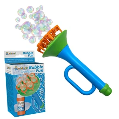 Imagen de alldoro 60623 Trompeta de Burbujas con 60 ml líquido para Burbujas, máquina 15,2 x 6,5 cm, niños a Partir 3 años, Azul/Verde