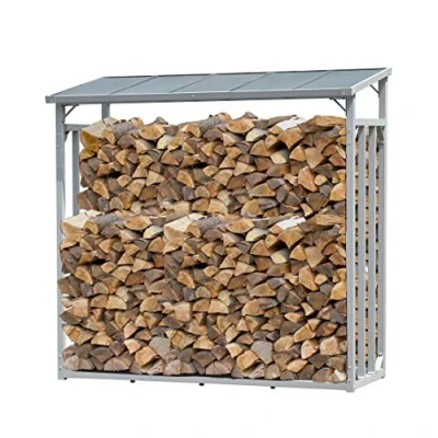 Imagen de QUICK STAR Estante de leña Metal Antracita 200 x 25 115 cm Refugio para jardín Ayudas apilamiento en el Exterior con Cubierta Protectora Gris