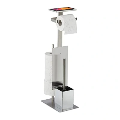 Imagen de Relaxdays Juego Escobillero Portarrollos Baño, Escobilla WC, Soporte Papel Higiénico, 69x25x18cm, Metal, Balda, Plateado, Acero Inoxidable, 1 Pieza
