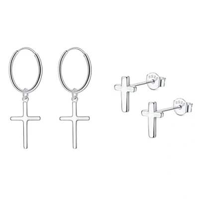 Imagen de Bo Win 2 Pares Pendientes de Plata Ley 925 Cruz Mujer Aros con Colgantes Aro Pequeños para Niñas Hombre