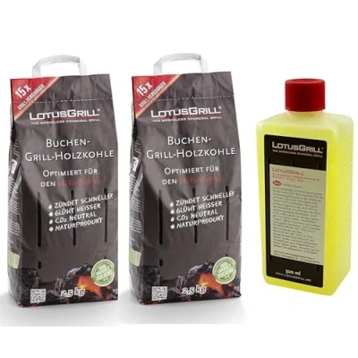 Imagen de LotusGrill Carbón vegetal de haya (2 bolsas 2,5 kg, pasta combustible 500 ml, ambos desarrollados para asar sin humo con la parrilla LotusGrill)