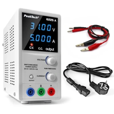Imagen de PeakTech 6225 A Fuente de alimentación 0 30V / 5A, ajustable, DC con pantalla LED 4 dígitos, conmutación estabilizada, amperímetro, sobrecarga y prueba cortocircuito, diseño estrecho