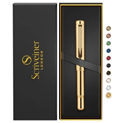 Imagen de Scriveiner bolígrafo de punta redonda oro pesado, galardonado bolsillo lujo con acabado chapado en 22 quilates, recambio alemán Schmidt, el mejor juego regalo