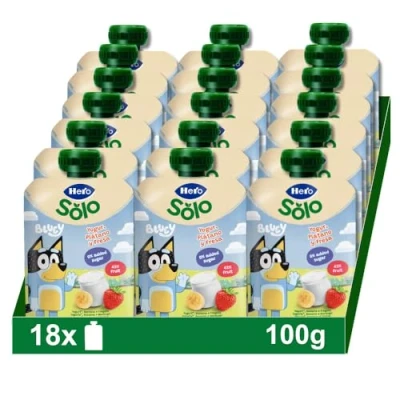 Imagen de Hero Bolsitas de Yogur con Plátano y Fresa, Sin Conservantes ni Colorantes, Aceite Palma, Gluten, Azúcares Añadidos, Para Bebés a Partir los 12 Meses Pack 18 x 100 g