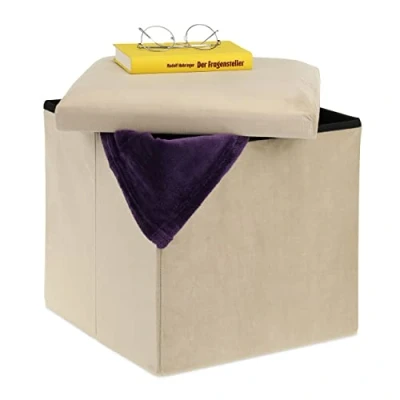 Imagen de Relaxdays Espacio de Almacenamiento Acolchado Taburete Plegable Terciopelo, Puff Almacenaje, 38 x cm, Baúl Tapizado MDF, Crema, Tablero Fibras