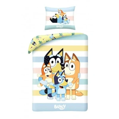 Imagen de Halantex Bluey Family Juego de Funda Nórdica y Almohada Individual, 100% Algodón, Edredón con Almohada, Reversible para Niños, Cómodo Transpirable, Lindo Diseño