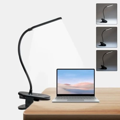 Imagen de LQWELL® Lampara Escritorio Pinza LED, Luz De Lectura Regulable Con BaterÍA Clip, 3 Niveles Brillo Y Flexible 360 Para Oficina En Casa (Negro)