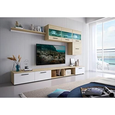 Imagen de Skraut Home Muebles de Salón Modelo París Conjunto Aparador Estantería y Mueble TV Estilo Nórdico con Luz LED Melamina Blanco Roble