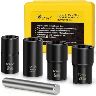Imagen de Topec Juego de 5 extractores tuercas lengüeta, kit extracción bloqueo rueda transmisión 1/2 pulgada, removedor llanta peladas 17 22 mm, herramienta