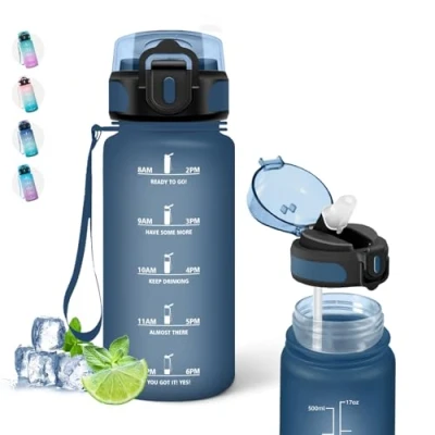 Imagen de Botella Agua, 500ml Agua Niños, Reutilizable a Prueba de Fugas, con Pajita, Botellas Niños Colegio, para la Escuela, Oficina, Viajar, Deportes, Naviblue