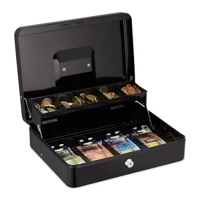 Imagen de Relaxdays Caja de Dinero Llaves, 5 Compartimentos Monedas y 4 Billetes, Hierro, 8,5x30,5x24,5 cm, Negro