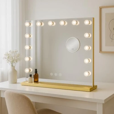 Imagen de Bayt Hollywood Espejo 58 x 46 cm, Maquillaje con 15 Luces, de Aumento 10x, Regulable, Ampliación, Oro