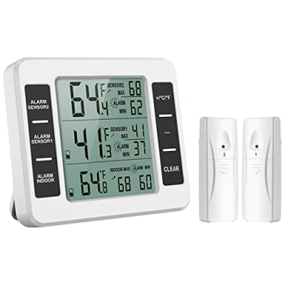 Imagen de ORIA Termómetro Digital del Refrigerador, Inalámbrico para Nevera con 2 Sensores, Termometro Congelador Interior y Exterior Pantalla LCD Audible de la Alarma, Registro Max/Min