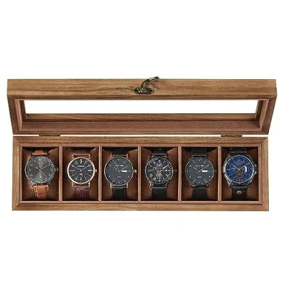 Imagen de SONGMICS Caja para Relojes con 6 Compartimentos, de Madera Maciza, Tapa Cristal, Cojín Relojes, Regalo Queridos, Nogal Rústico JOW006K01