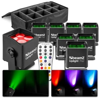 Imagen de BeamZ BBP44 Pack de 8 uplights con bolsa Mini para 4 leds vatios exterior, RGWB, 25h autonomía, IP65, iluminación escenario, modo sonido, modos automáticos, mando a distancia incluido
