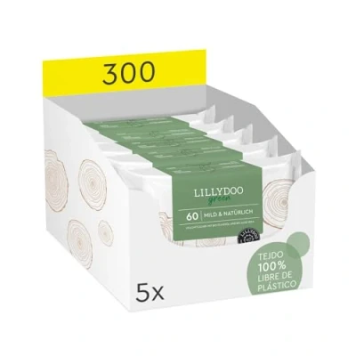 Imagen de Toallitas húmedas naturales LILLYDOO green, 5 paquetes de 60 (300 toallitas), 100% tejido sin plásticos y fragancias (FSC Mix)