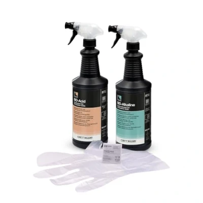 Imagen de ERRECOM Kit limpieza de equipos aire acondicionado exteriores con tensioactivos biodegradables, incluye detergente bioácido Bio Acid 1L, bioalcalino Alkaline guantes desechables