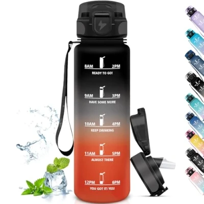 Imagen de Grsta Botella Agua, Agua Gimnasio con Pajita, 1 Litro, Fácil de Limpiar, Grande, Marca Tiempo, Plastico Reutilizable para Senderismo, Yoga, Correr