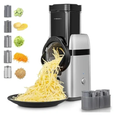 Imagen de FOHERE Rallador de verduras Eléctrico,Reibe Eléctrico 5 en 1,cortador 80W con varias cuchillas intercambiables y caja almacenamiento,rallador para frutas patatas enteras