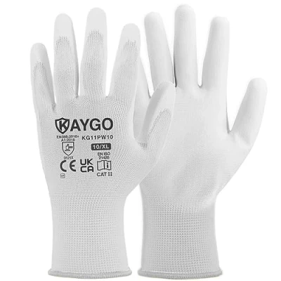 Imagen de KAYGO 12 pares de guantes trabajo para hombres y mujeres, protección recubiertos PU, agarre antideslizante en palmas dedos, adecuados trabajos generales (Blanco, talla 10)