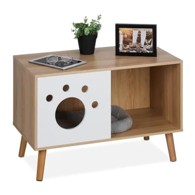 Imagen de Relaxdays Armario para Gatos con Entrada Mueble Arenero de Gato Diseño Patita, 50x75x40 cm, Cama, Escondite Interior, Natural y Blanco, Tablero Fibras