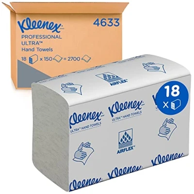 Imagen de Toallas secamanos plegados blancos Kleenex Ultra 4633 de Papel desechable 2 capas 18 paquetes x 150 papeles pequeños (2700 en total)