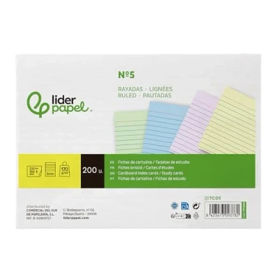 Imagen de Tarjeta ficha liderpapel para estudiar rayada cartulina de colores 170 gr/m2 160x220mm paquete 200 unidades
