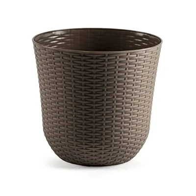 Imagen de AC Maceta Redonda Fabricación en plástico Diseño Rattan Ideal como macetero, Tiesto, Recipiente para Plantas, Flores, balcón, terraza, jardín Ø 33 cm Color Topo