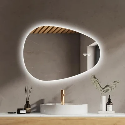 Imagen de EMKE Espejo con iluminación LED asimétrico, de baño iluminación, 70 x 50 cm, Interruptor táctil, 3 Colores luz, Regulable, sin vaho, IP44, Ahorro