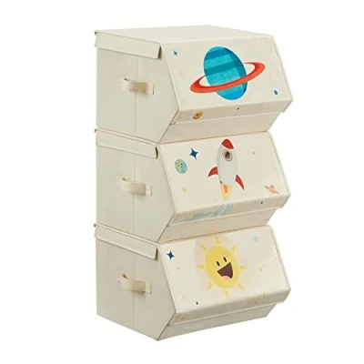 Imagen de SONGMICS Cajas de Juguetes para Niños, Juego 3 Almacenamiento Apilables y Plegables, con Asas Tapa Magnética, Habitación Infantil Cuarto Juegos, Tema del Espacio, Beige RLB700M01