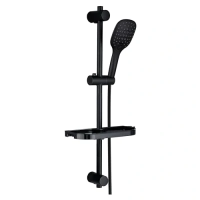 Imagen de Görbach Barra de Ducha Negra 70 cm en Acero Inox 304 con Estante Deslizador y Soporte Fijación Ajustable, Sin Grifo,Con Mano 3 funcións (HB1210MB + Estante).