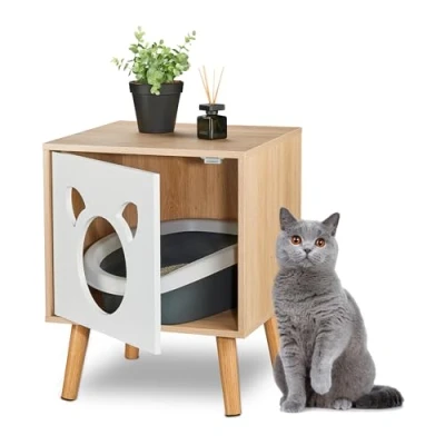 Imagen de Relaxdays abatible Armario para Gatos con Puerta, 50 x 40 cm, Escondite Arenero, Camita, Interior, Natural y Blanco, Tablero de Fibras