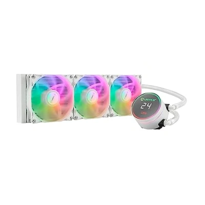 Imagen de UNYKAch Refrigeración Líquida CPU AQUASTORM White 360 Bomba Silenciosa, Display para Controlar Temperatura de y Tres Ventiladores RGB con Sensor PWM