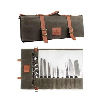 Imagen de FIREDOG Bolsa enrollable para cuchillos de chef (10 bolsillos), funda transporte lona encerada con asa y correa el hombro herramientas culinarias (cuchillos no incluidos)
