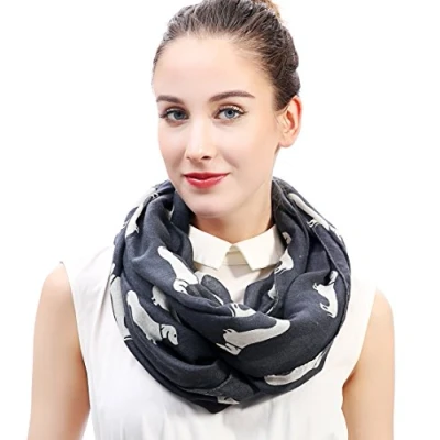 Imagen de Lina &amp; Lily Bufanda Infinita Snood con Estampado de Perro Salchicha Teckel Dachshund (Gris oscuro/blanco)