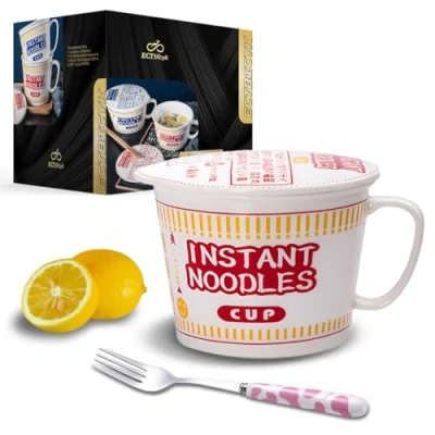 Imagen de ECTbicyk Ramen Bowl with Lid Creative Instant Noodle Large Japanese Ceramic Soup Handle (Red, 33 OZ)