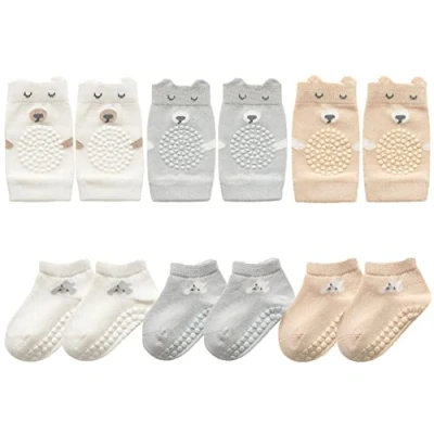Imagen de FedMois 3 Pares Rodilleras Bebé Gateo + Calcetines Antideslizantes de Algodón con Motivos Animales, gris, blanco y beige, 9 18 meses