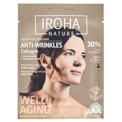 Imagen de Iroha Nature Mascarilla Facial y Cuello Tisú Antiedad con Colágeno Reafirma Previene Arrugas Líneas de Expresión Resultados en 15 Minutos 96% Ingredientes Naturales Ideal Pieles Maduras