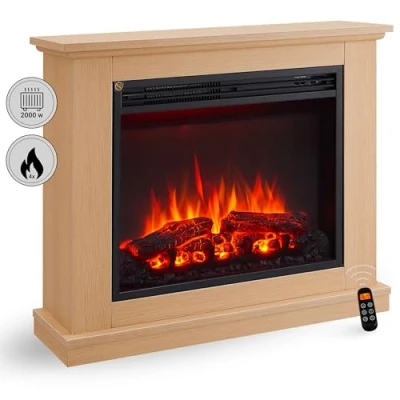 Imagen de BALDERIA Chimenea eléctrica de pie Phanos Efecto Llama 3D Calentador, Calefacción 2000W Iluminación Ambiental LED Mando a Distancia, Temporizador y termostato Roble Claro